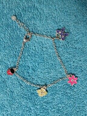 Silver Charm Bracelet with Pink, Purple Butterfly, Yellow Flower Ladybug Charms